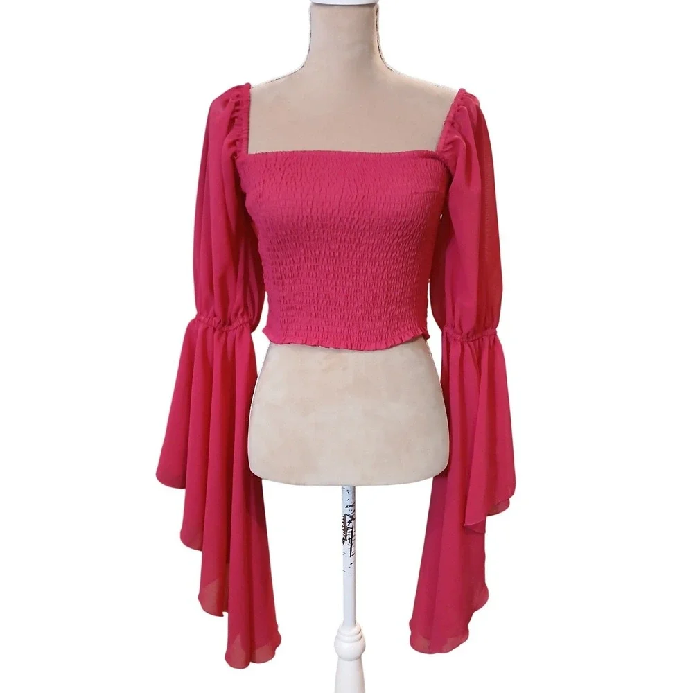 Joy & Ash Smocked Square Neck Bell Sleeve Crop Top Pink M Fairy Ethereal - Picture 1 of 10
